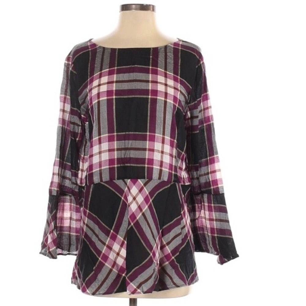 LOFT S violet plaid BOHO flare sleeve peplum top